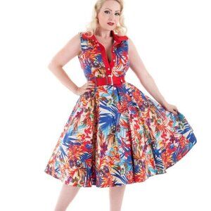 Hearts & Roses Shirt Dress Rockabilly UK 10 US 6 Red Blue Pin-up Fit Flare Retro